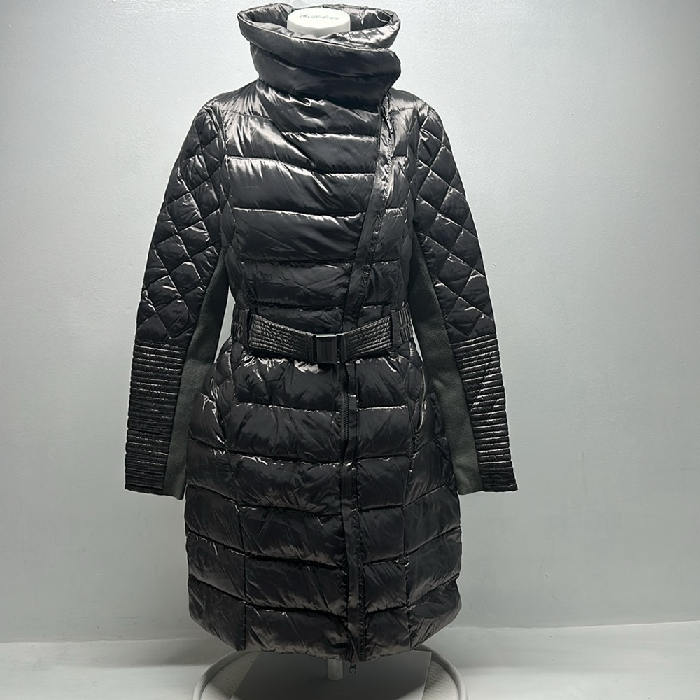 BcbgMaxAzria Coat Belted Jacket Asymmetrical Zip Quilted Gunmental Silver Medium